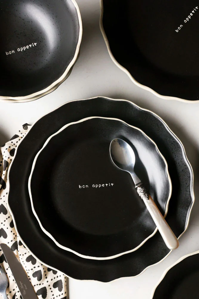 12 Piece Black & Off-White Edge Bon Appetit Dinner Set