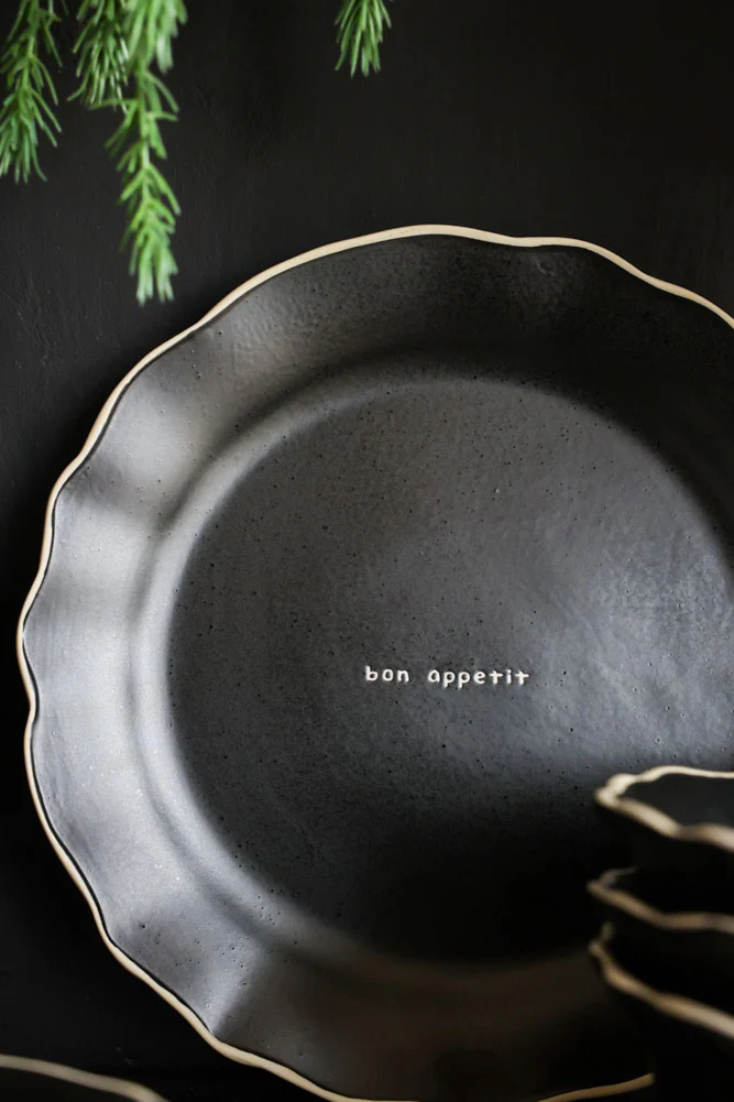 12 Piece Black & Off-White Edge Bon Appetit Dinner Set - Image 4