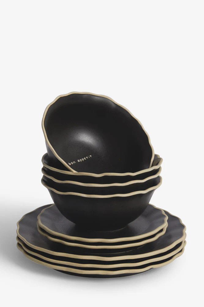 12 Piece Black & Off-White Edge Bon Appetit Dinner Set - Image 7