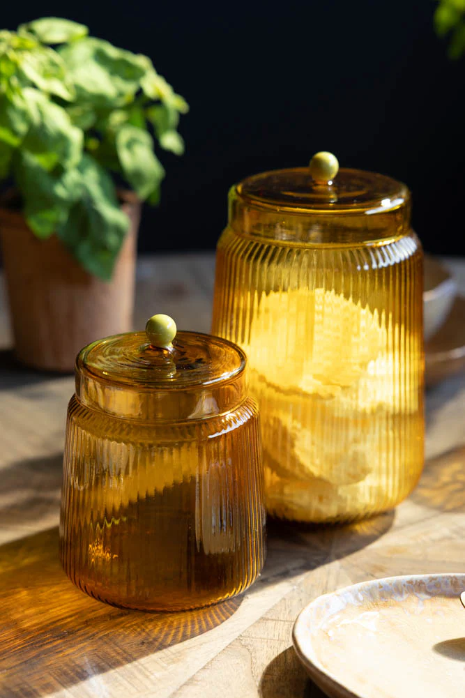 Amber Ribbed Glass Storage Jar - Tall - Image 3