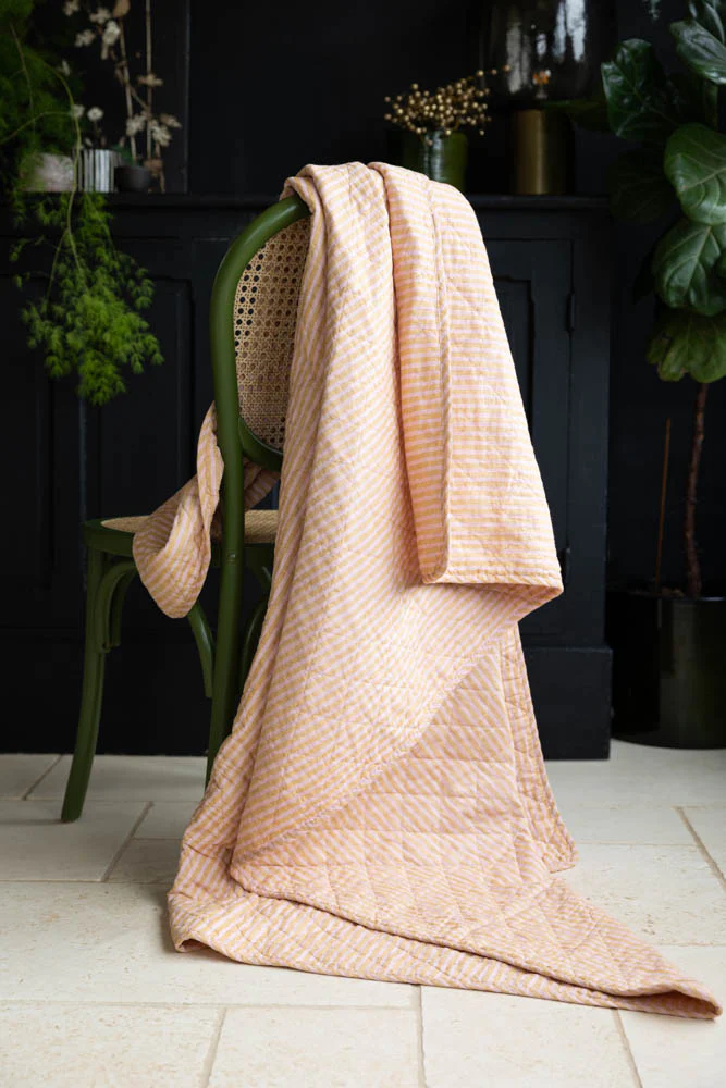 Beautiful Mustard & Pale Pink Stripe Cotton Quilt