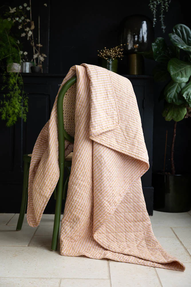 Beautiful Mustard & Pale Pink Stripe Cotton Quilt - Image 3