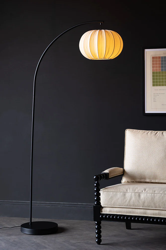 Black Arch Floor Lamp with Neutral Pleated Fabric Lampshade - Image 3