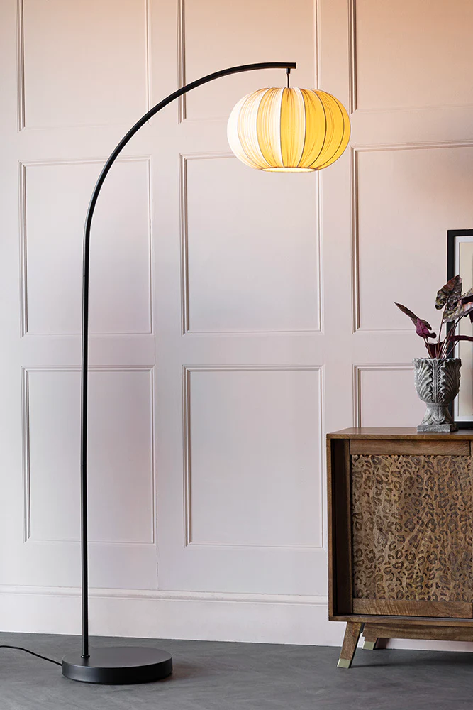 Black Arch Floor Lamp with Neutral Pleated Fabric Lampshade - Image 4