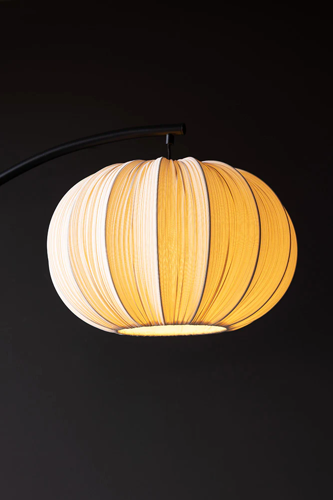 Black Arch Floor Lamp with Neutral Pleated Fabric Lampshade - Image 6