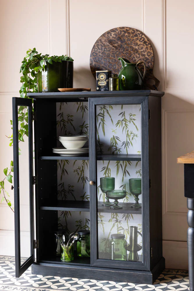 Black Display Cabinet with Bamboo Print Lining - Image 2