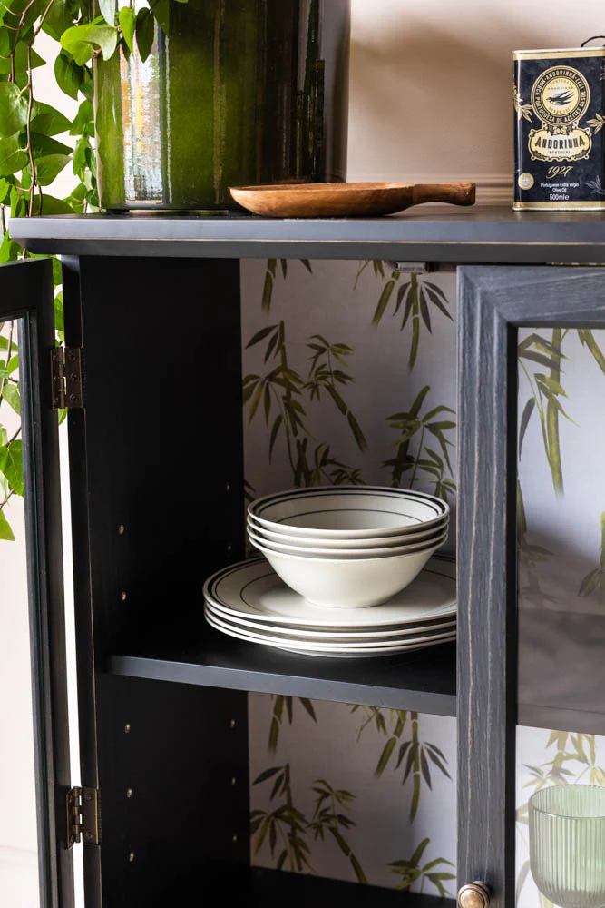 Black Display Cabinet with Bamboo Print Lining - Image 3