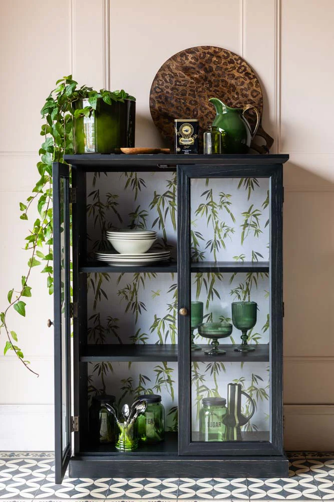 Black Display Cabinet with Bamboo Print Lining - Image 4