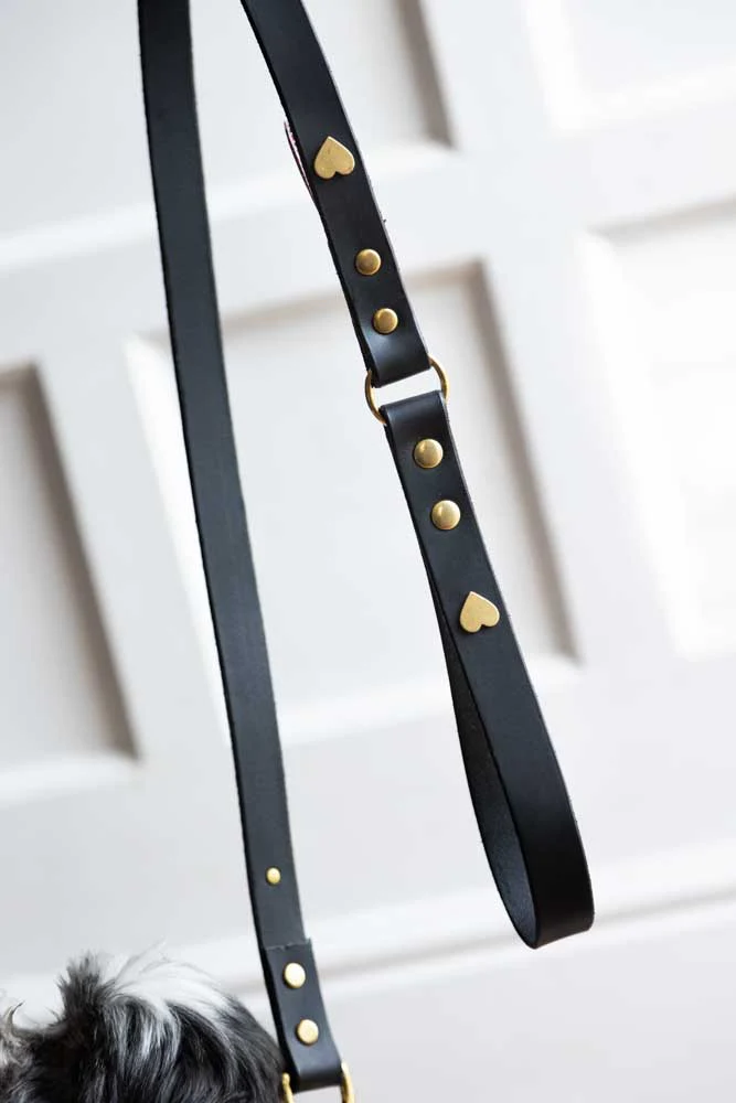 Black Leather Dog Lead With Hearts - Image 2