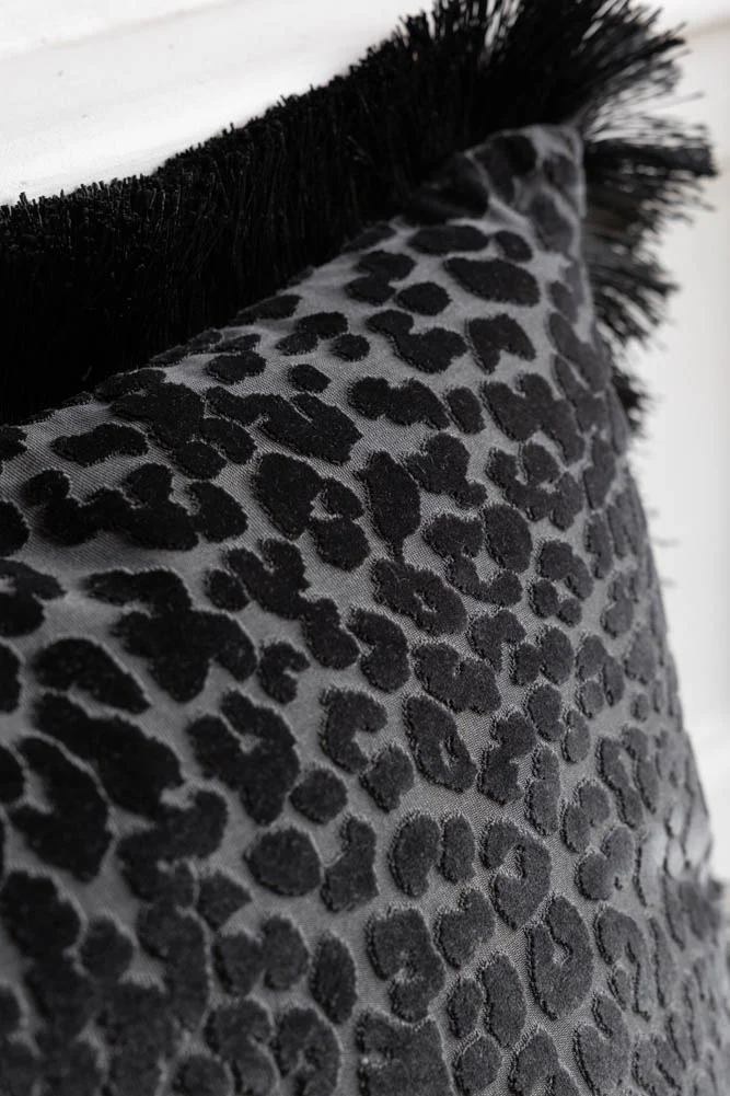 Black Leopard Velvet Cushion with Fringe Trim - Image 2