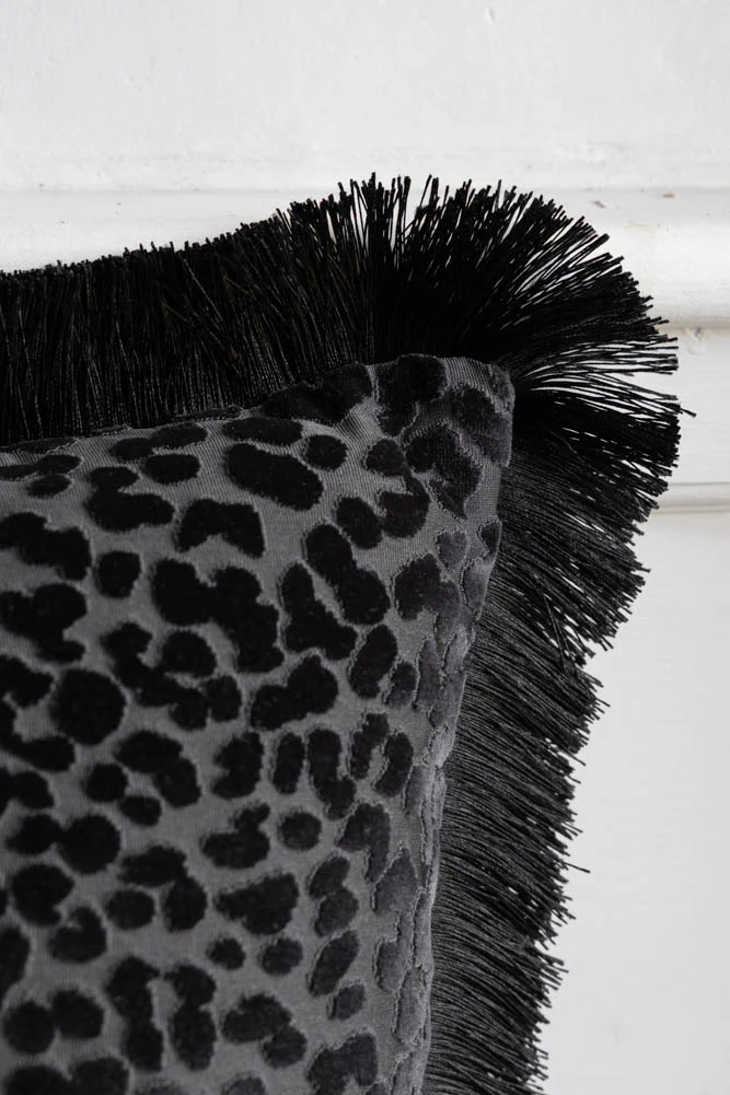 Black Leopard Velvet Cushion with Fringe Trim - Image 3