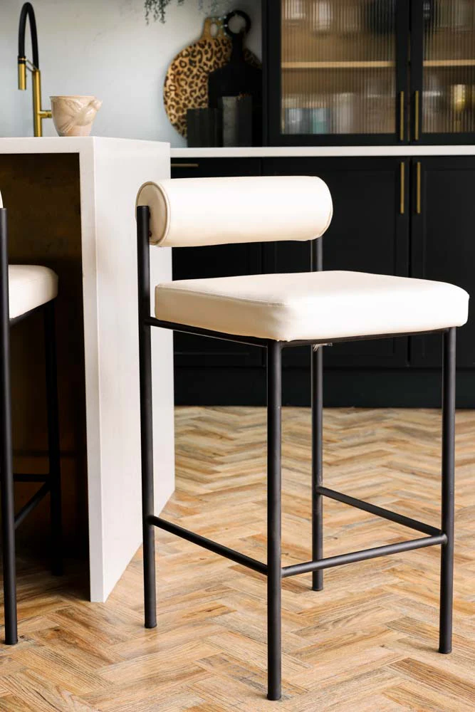 Cream & Black Faux Leather Roll Back Bar Stool - Image 2