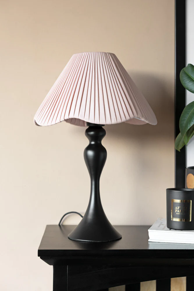 Curved Table Lamp With Pink Pleated Lampshade - Image 3