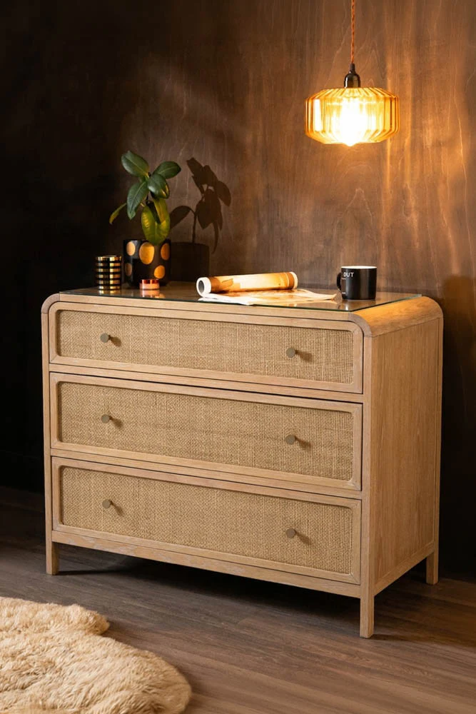 Curved Wood & Rattan Chest Of Drawers