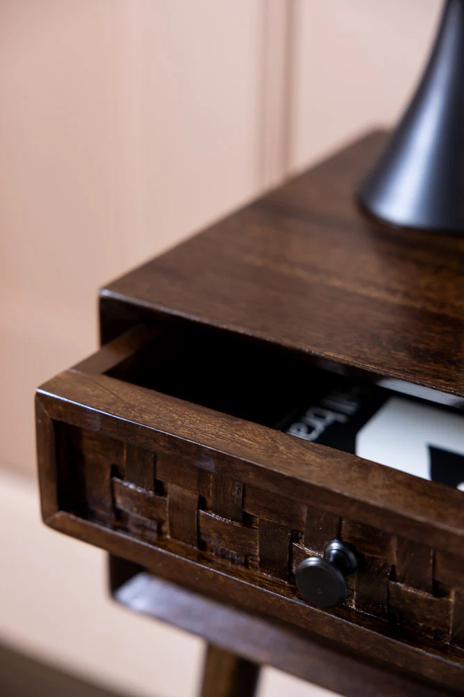 Dark Wood Basket Weave 2-Drawer Bedside Table - Image 3