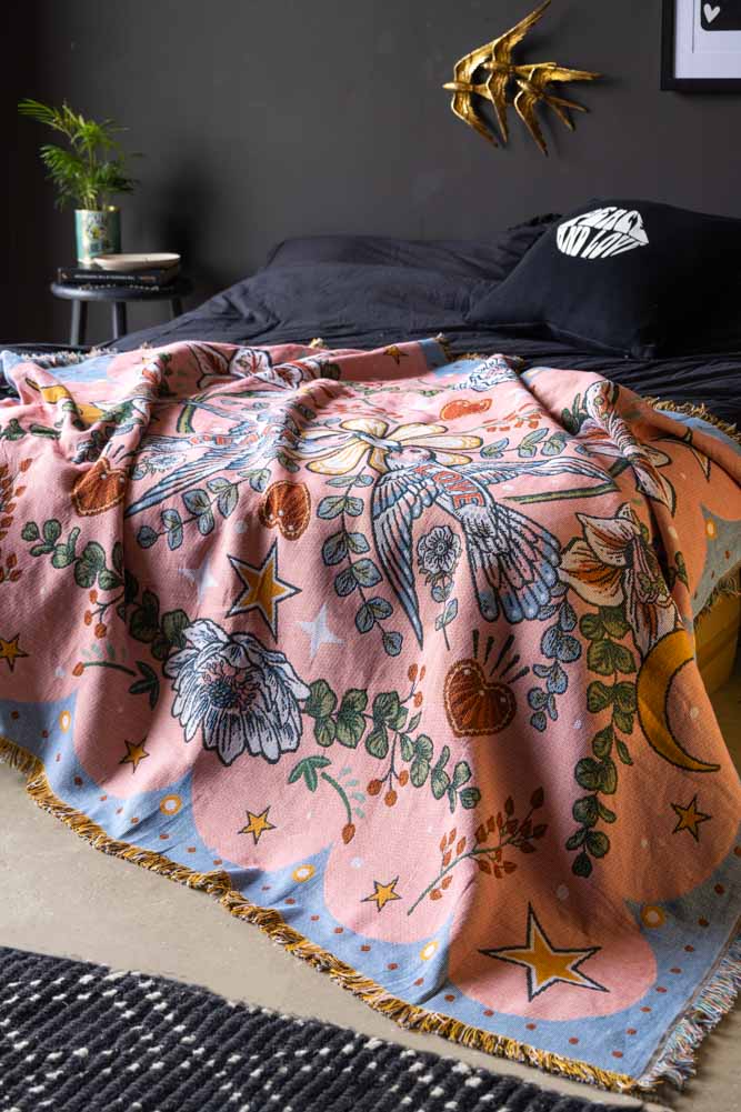Denim & Bone Blue Lovebirds Woven Cotton Throw - Image 3