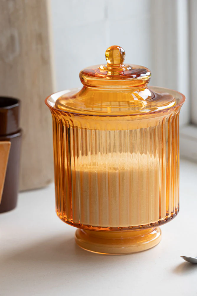 Elegant Ribbed Glass Storage Jar in Amber