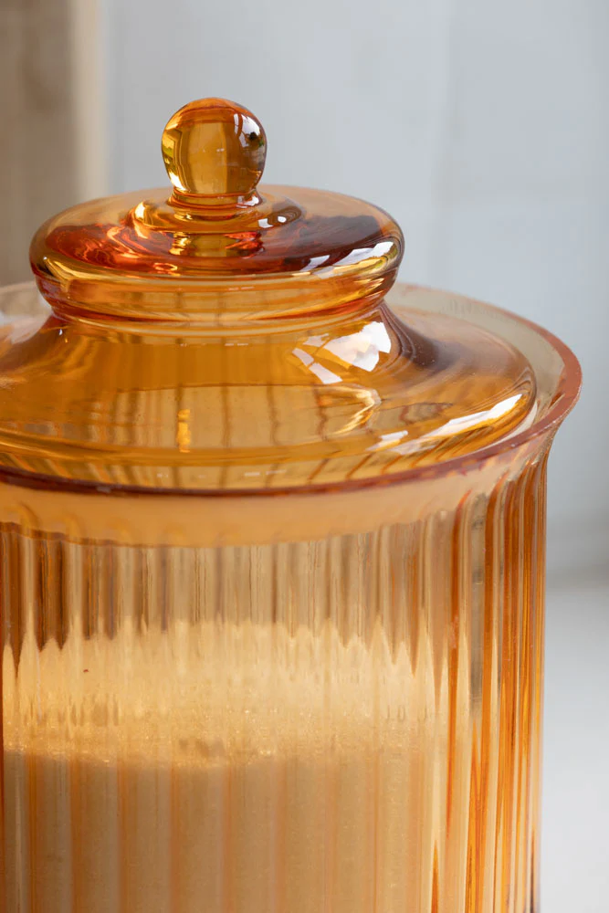 Elegant Ribbed Glass Storage Jar in Amber - Image 2