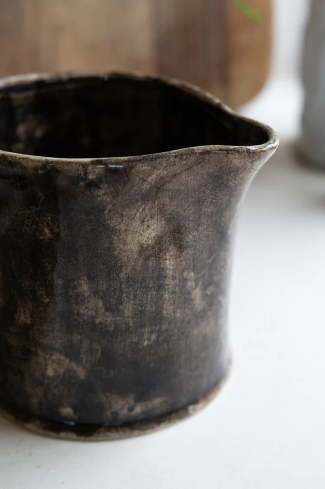 Glazed Mottled Black & Brown Stoneware Jug - Image 3