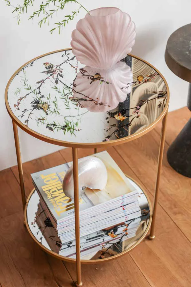 Gold Beautiful Birds Mirror Side Table - Image 4