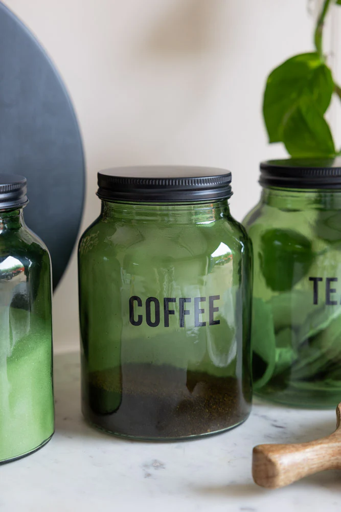 Green Glass Storage Jar With Black Lid - Coffee