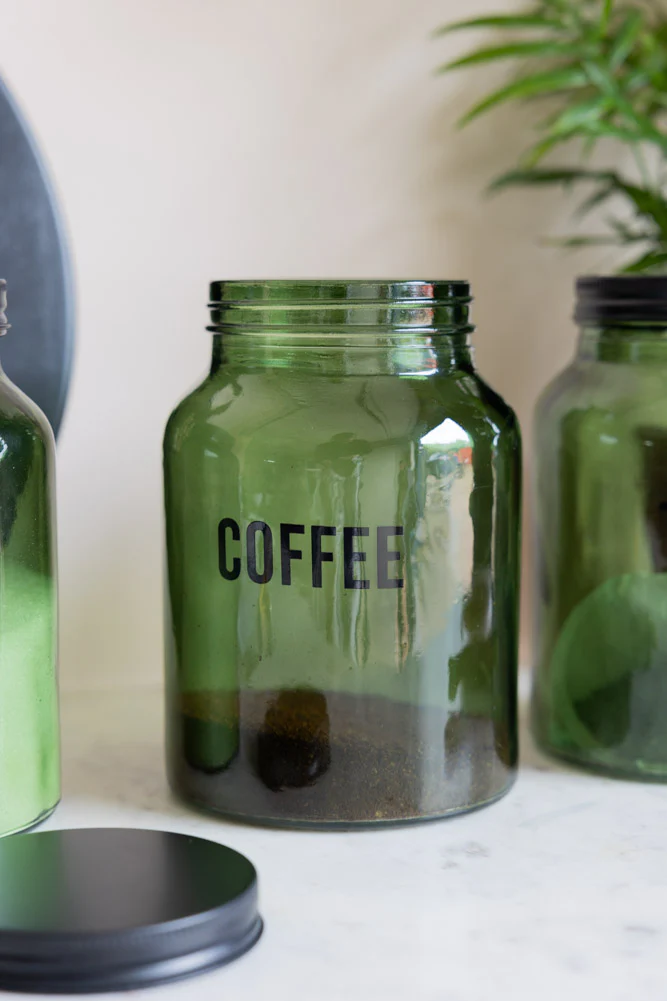 Green Glass Storage Jar With Black Lid - Coffee - Image 2