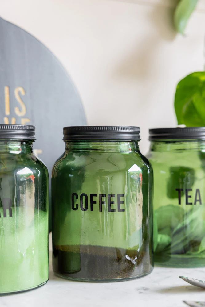 Green Glass Storage Jar With Black Lid - Coffee - Image 4