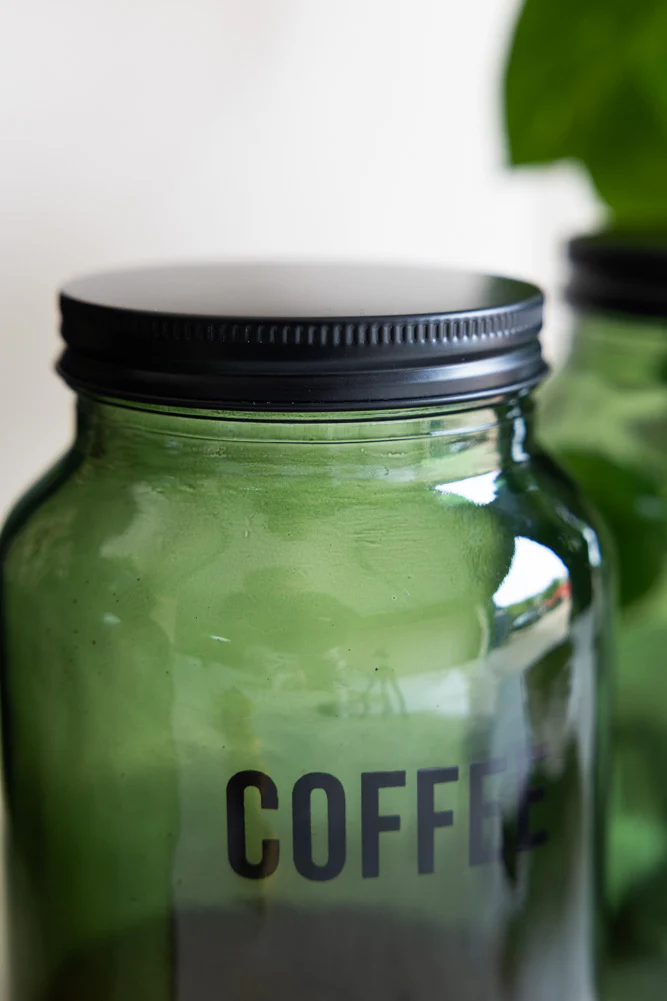 Green Glass Storage Jar With Black Lid - Coffee - Image 6
