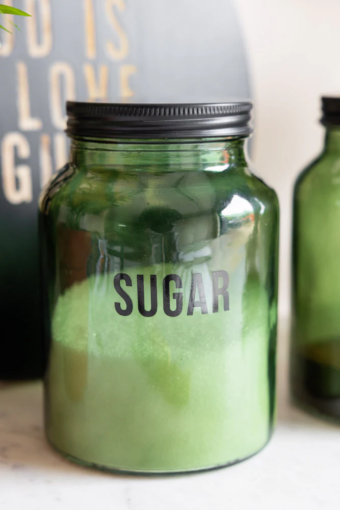 Green Glass Storage Jar With Black Lid - Sugar - Image 2