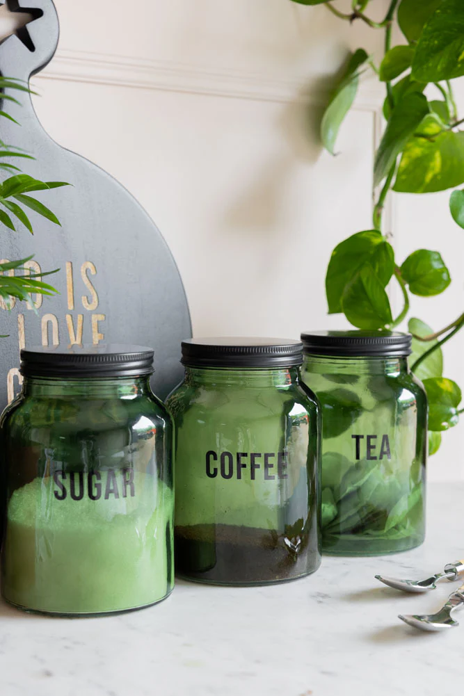 Green Glass Storage Jar With Black Lid - Sugar - Image 3