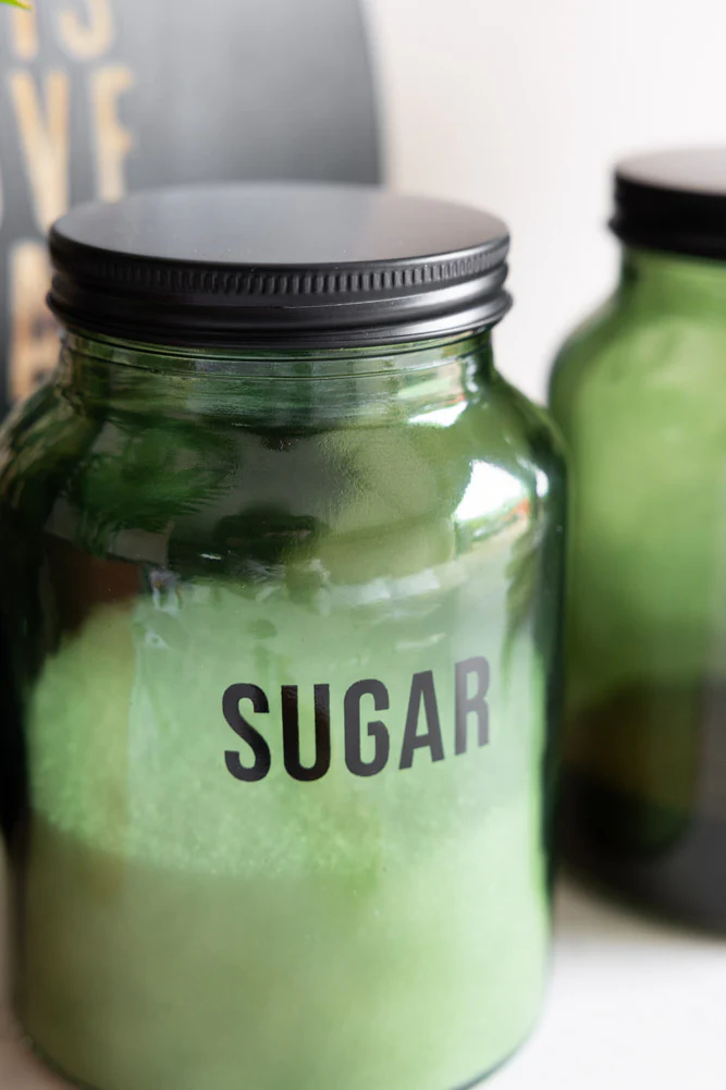 Green Glass Storage Jar With Black Lid - Sugar - Image 5
