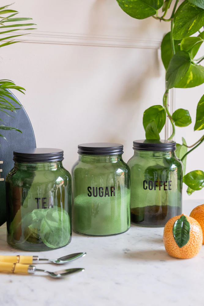 Green Glass Storage Jar With Black Lid - Sugar - Image 6