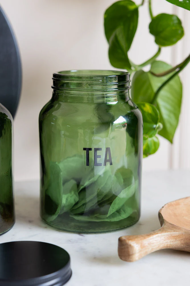 Green Glass Storage Jar With Black Lid - Tea - Image 2