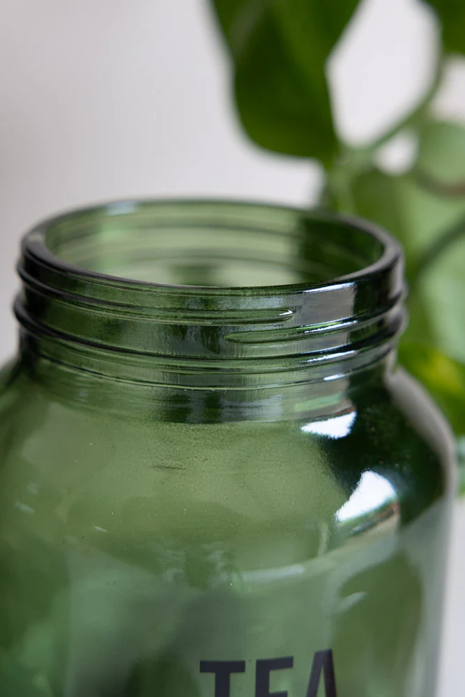 Green Glass Storage Jar With Black Lid - Tea - Image 3