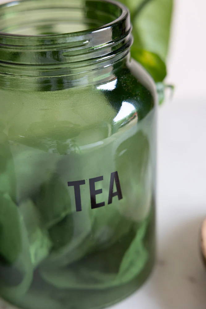 Green Glass Storage Jar With Black Lid - Tea - Image 4