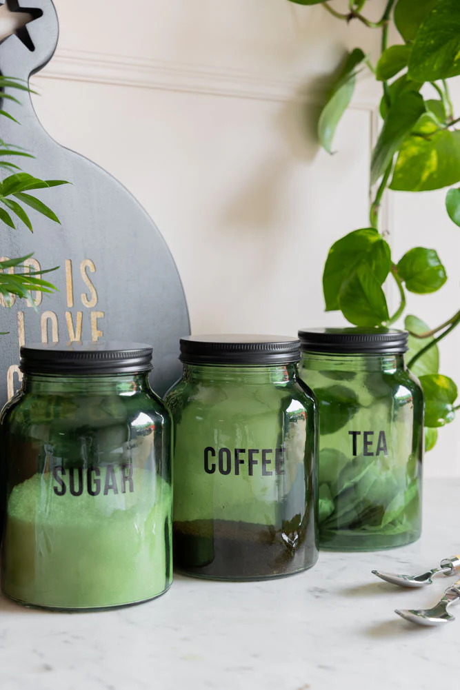 Green Glass Storage Jar With Black Lid - Tea - Image 5