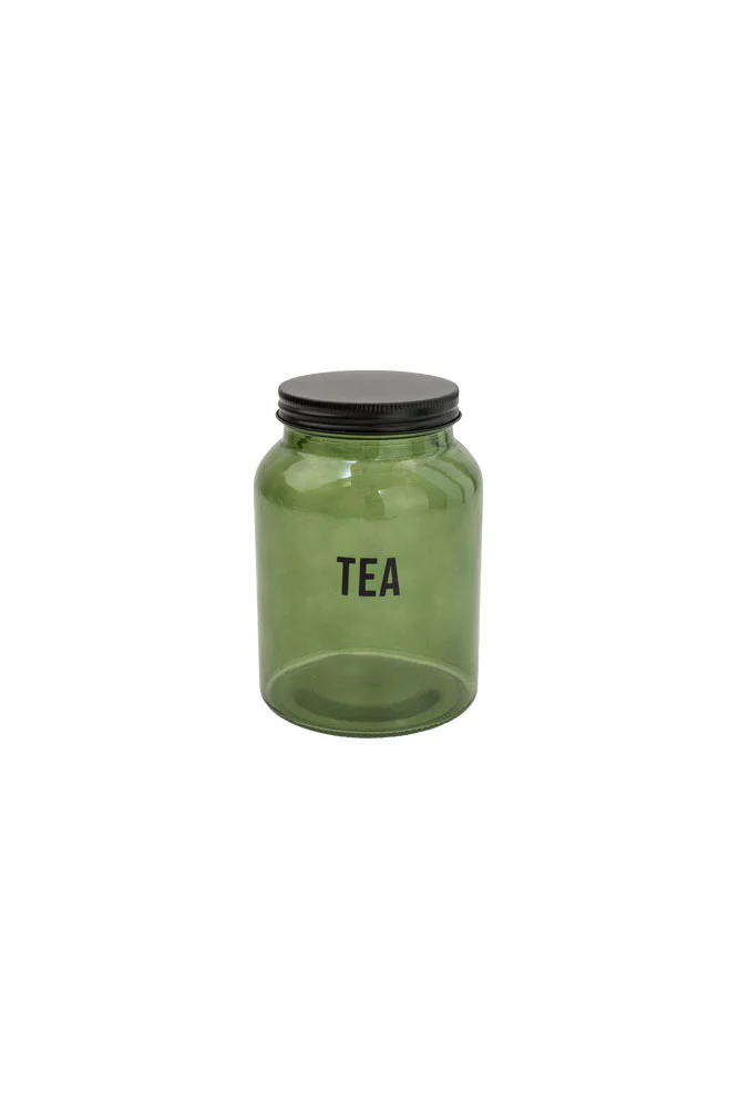 Green Glass Storage Jar With Black Lid - Tea - Image 6