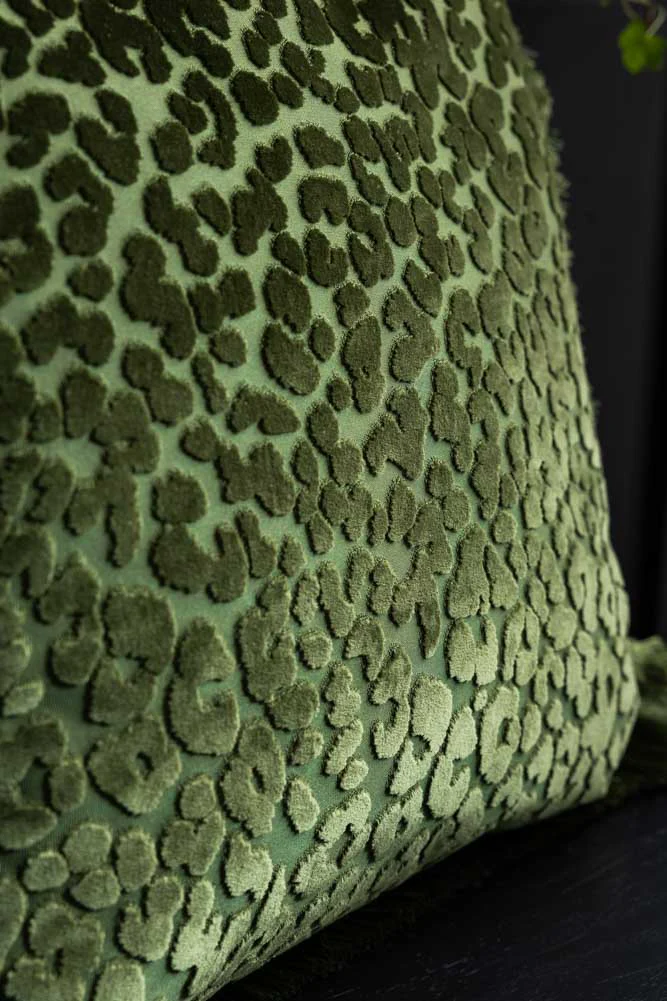Green Leopard Velvet Cushion with Fringe Trim - Image 2