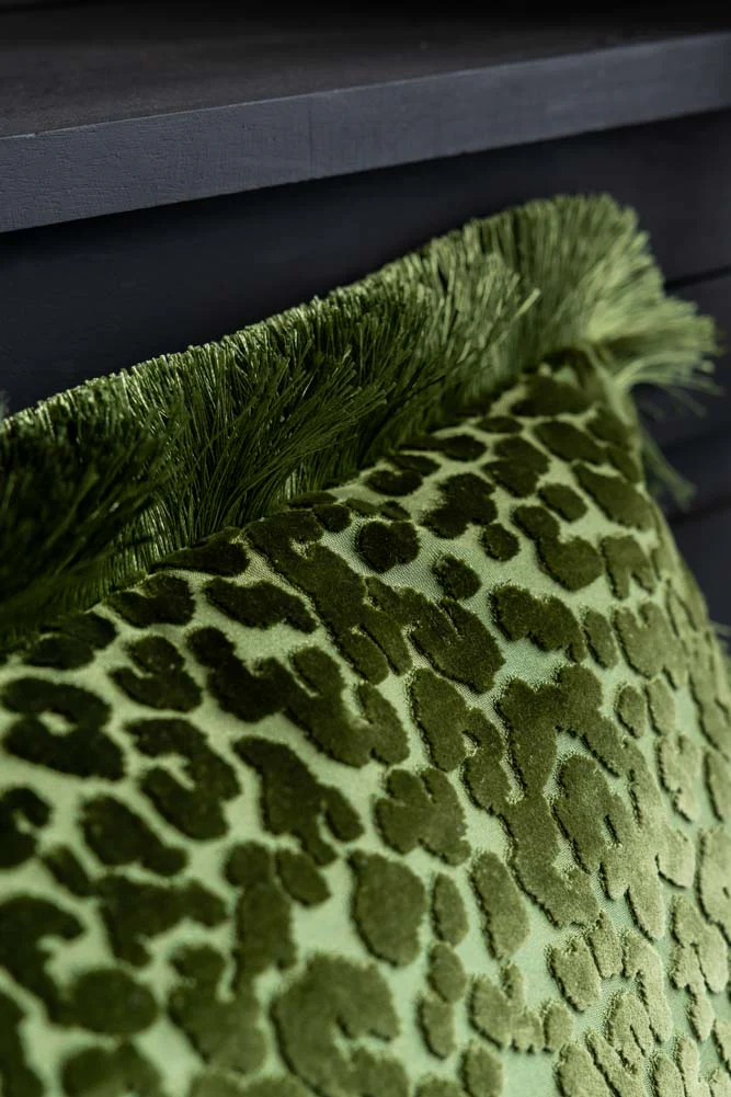 Green Leopard Velvet Cushion with Fringe Trim - Image 3