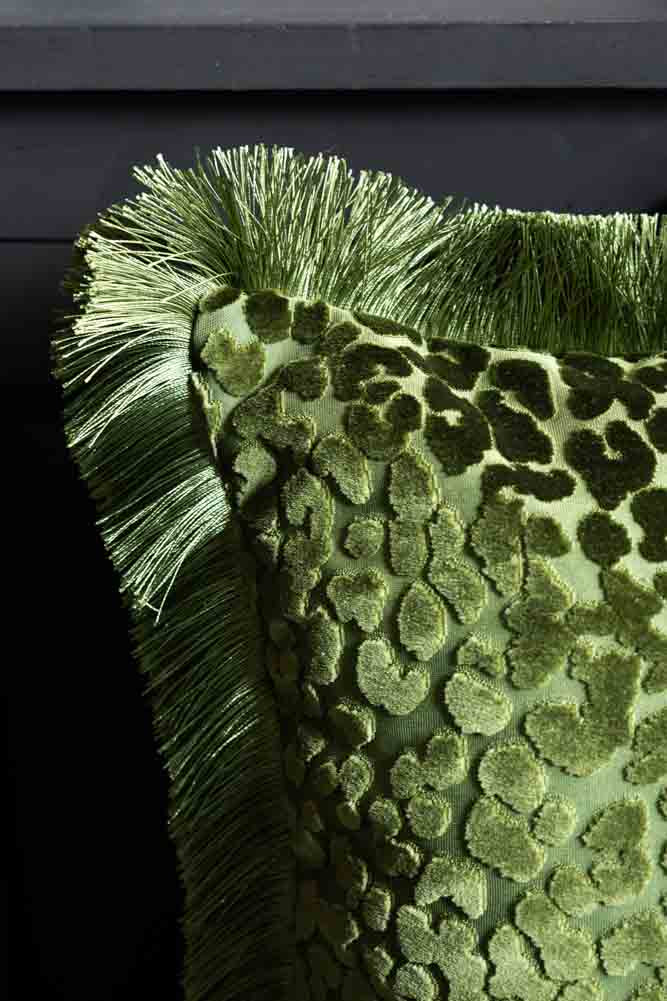 Green Leopard Velvet Cushion with Fringe Trim - Image 4