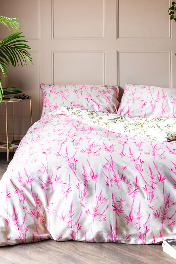Green & Pink Bamboo Print Reversible Duvet Cover and Pillow Case Set - Available in 4 Sizes - Image 4