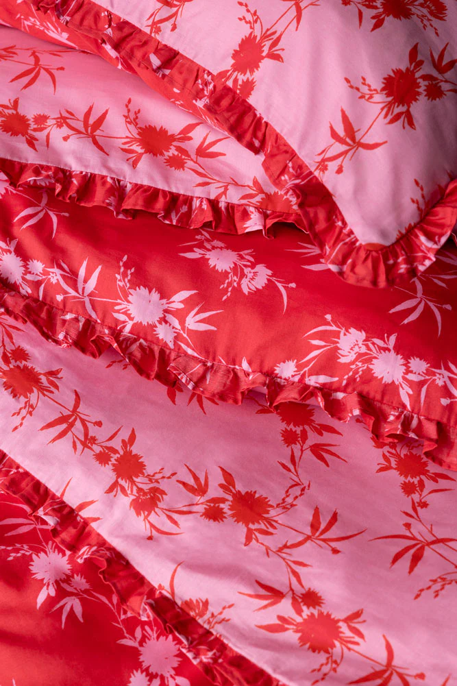 Hot Pink Floral Frill Duvet Cover and Pillow Case Set - Available in 4 Sizes - Image 2