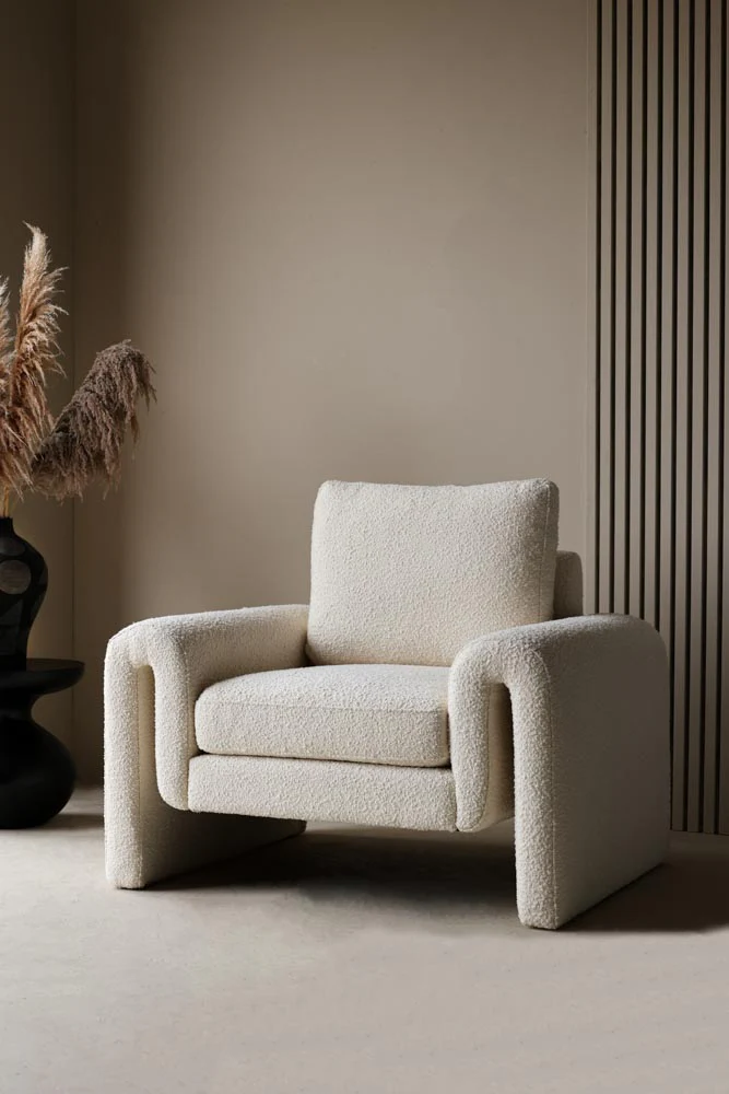 Ivory Boucle Fabric Curved Arm Armchair
