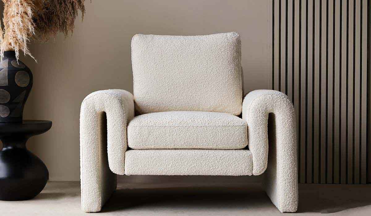Ivory Boucle Fabric Curved Arm Armchair - Image 6