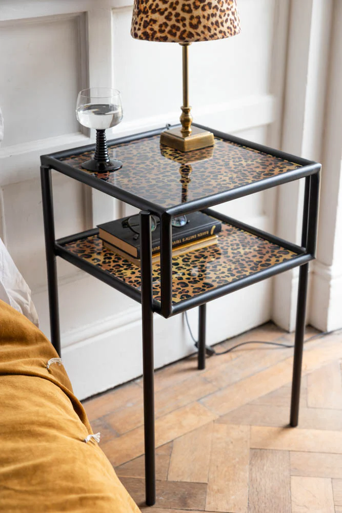 Leopard Print & Glass Bedside Table