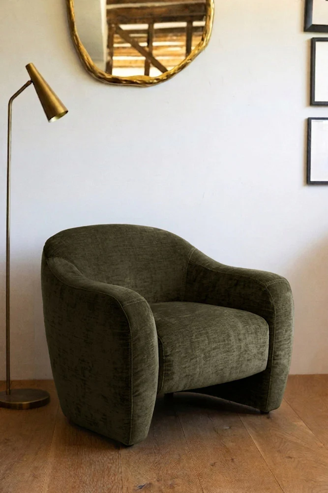 Modern Curved Armchair in Olive Green