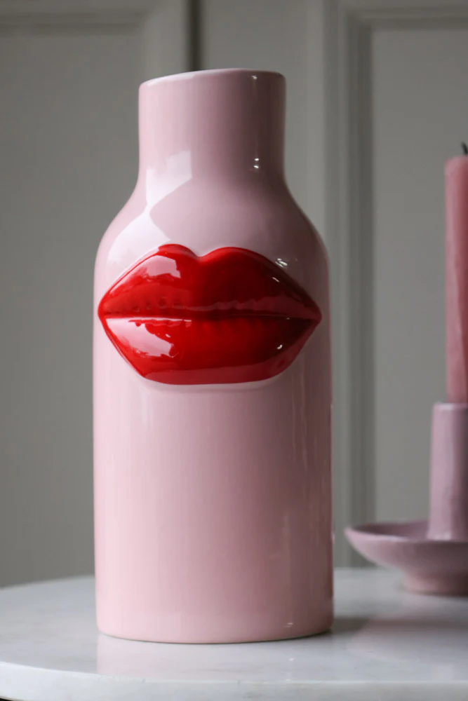 Pink Ceramic Vase With Luscious Red Lips - Image 2