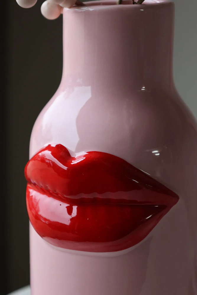 Pink Ceramic Vase With Luscious Red Lips - Image 3