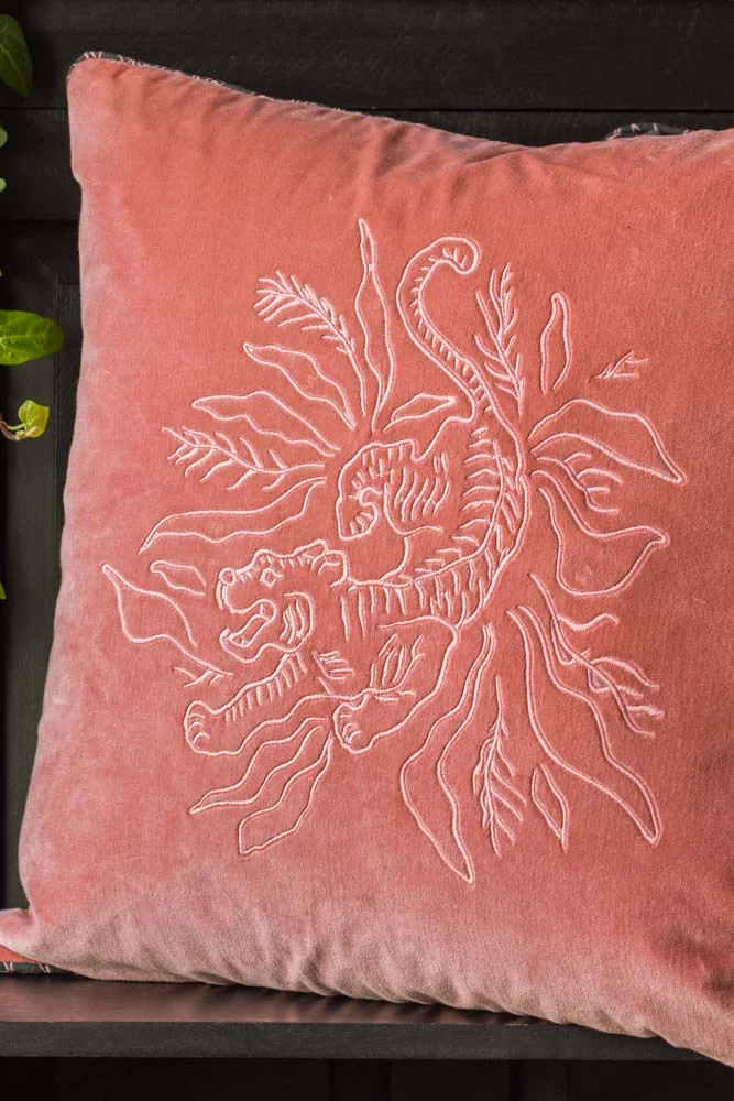 Pink Velvet Embroidered Tiger Cushion Cover - Image 3