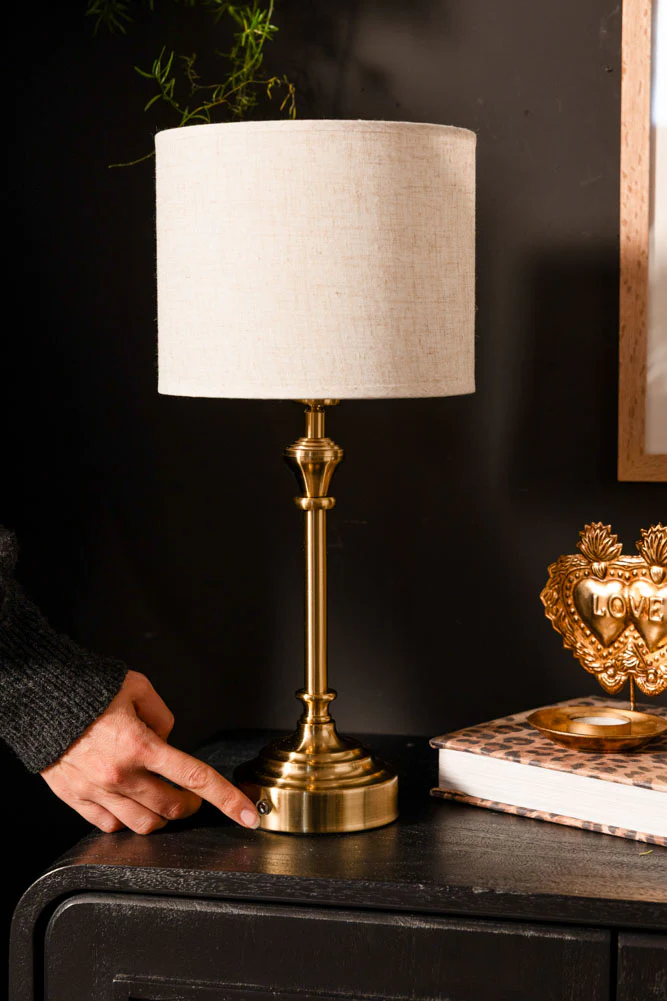Rechargeable Antique Bronze Table Lamp with Neutral Shade - Image 2